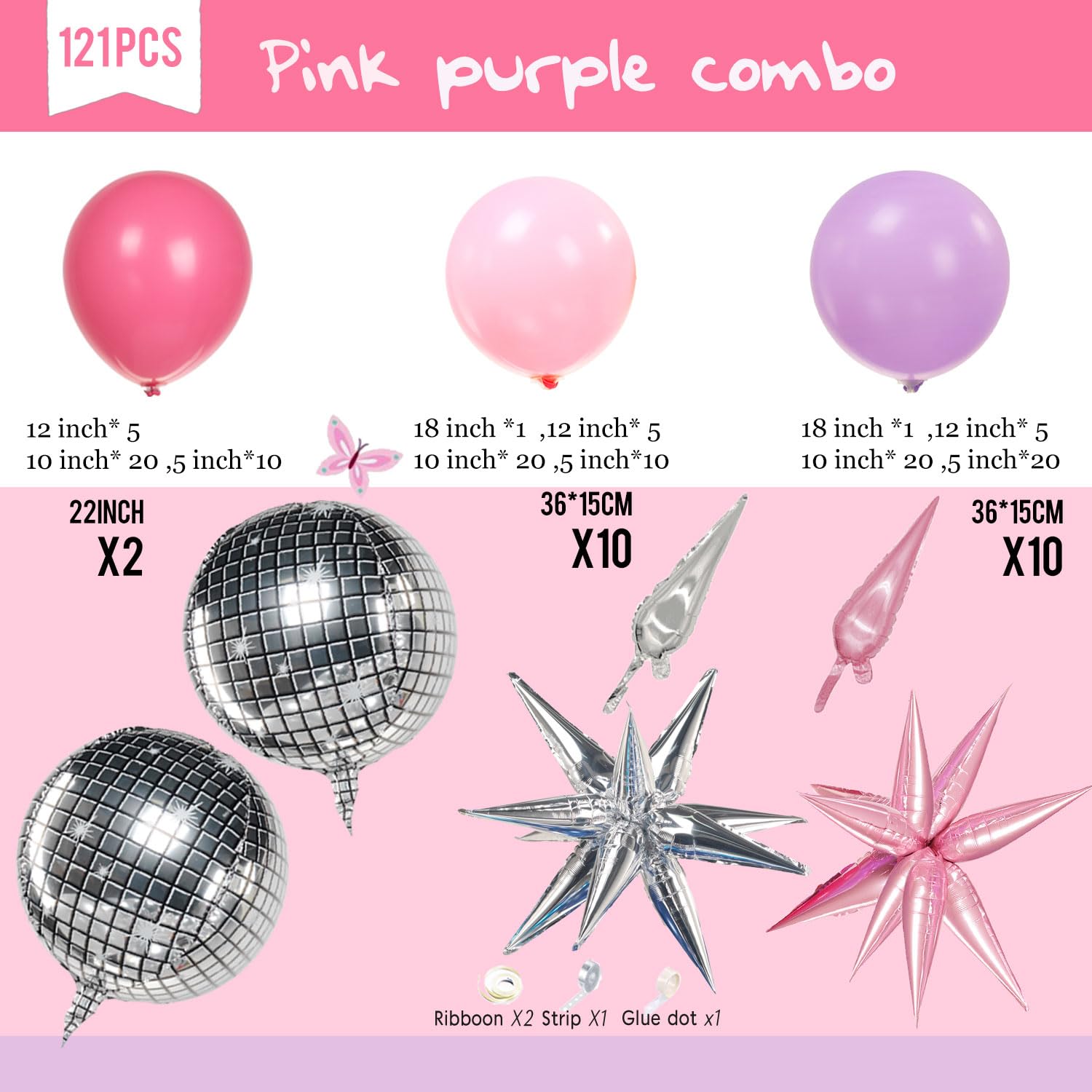 Pink and purple balloon arch Kit with Mylar star Disco Ball Balloon Garland for music fans theme teenage girl Birthday Party Prom Decorations (Pink purple silver)