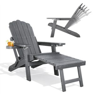 qsun adjustable backrest folding adirondack chair with ottoman & 2 cup holders, hips weather resistant adirondack chair, outdoor fire pit chair for beach, pool, deck, porch, yard, lawn, grey