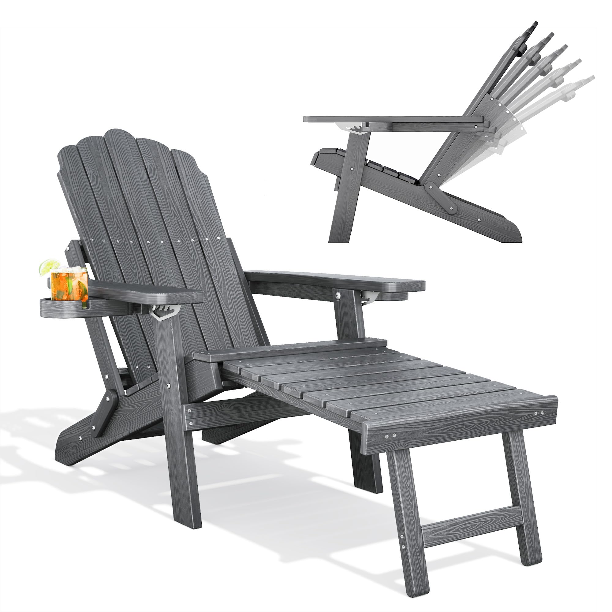 Qsun Adjustable Backrest Folding Adirondack Chair with Ottoman & 2 Cup Holders, HIPS Weather Resistant Adirondack Chair, Outdoor Fire Pit Chair for Beach, Pool, Deck, Porch, Yard, Lawn, Grey