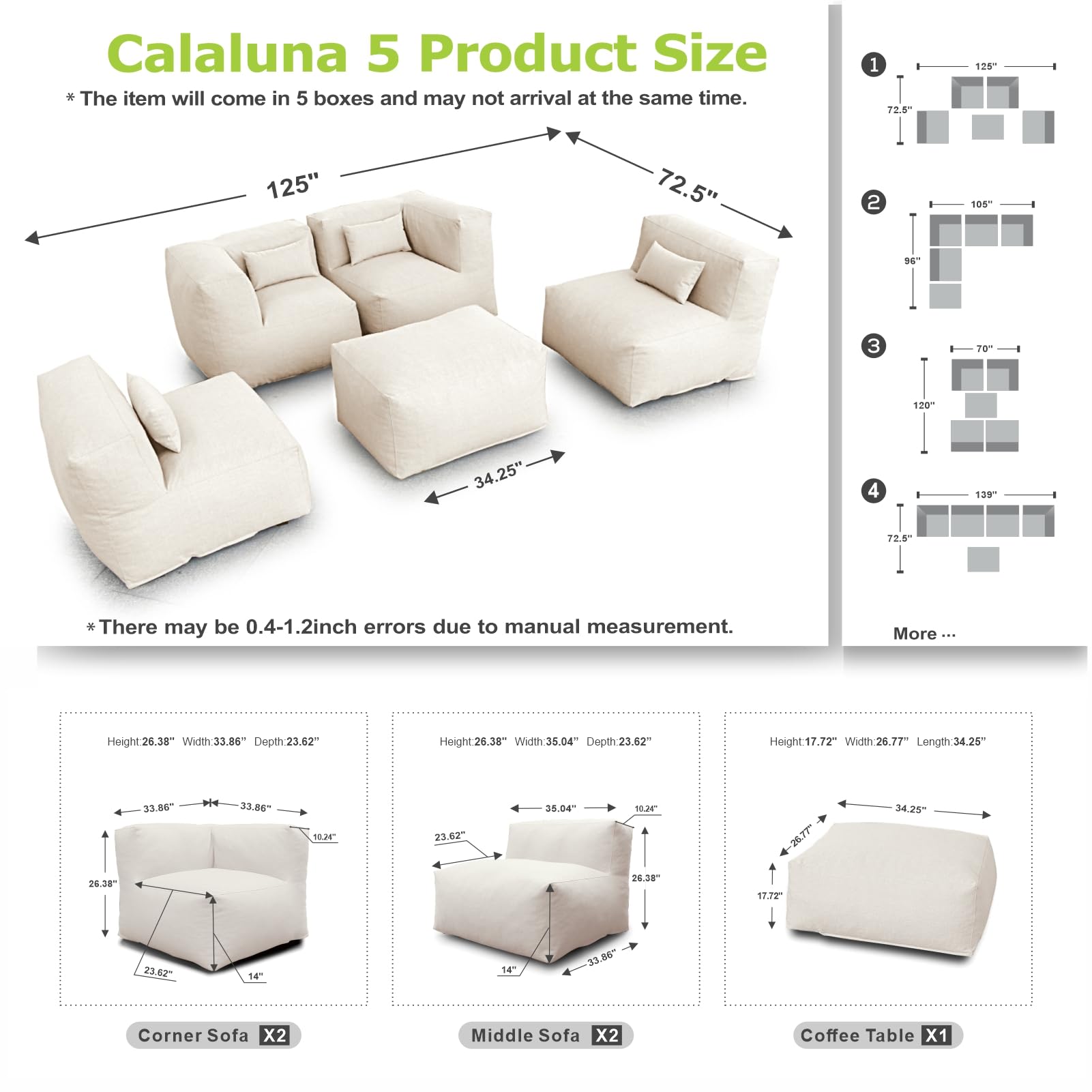 ANNYH Modern Calaluna 5Pc OUTDOOR Furniture Sectional Conversation Set- COMBINATION of 2Middle 2Corner 1Ottoman/Coffee-Expansion Foam Filling chairs-A UNIQUE Modular Contemporary Sofa (Sand Beige)