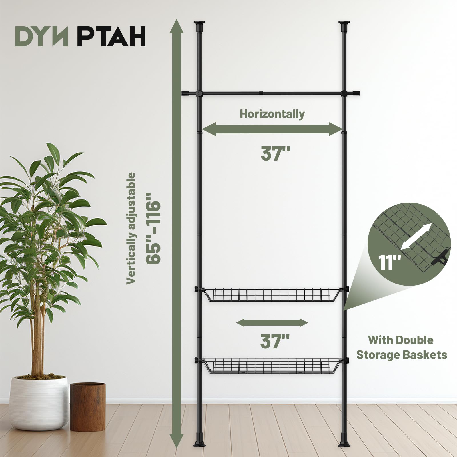 DYN Ptah Floor to Ceiling Adjustble Garment Rack, Free Standing Tension Rod Clothes Rack with 2 Storage Baskets, Heavy Duty Clothing Hanger Black