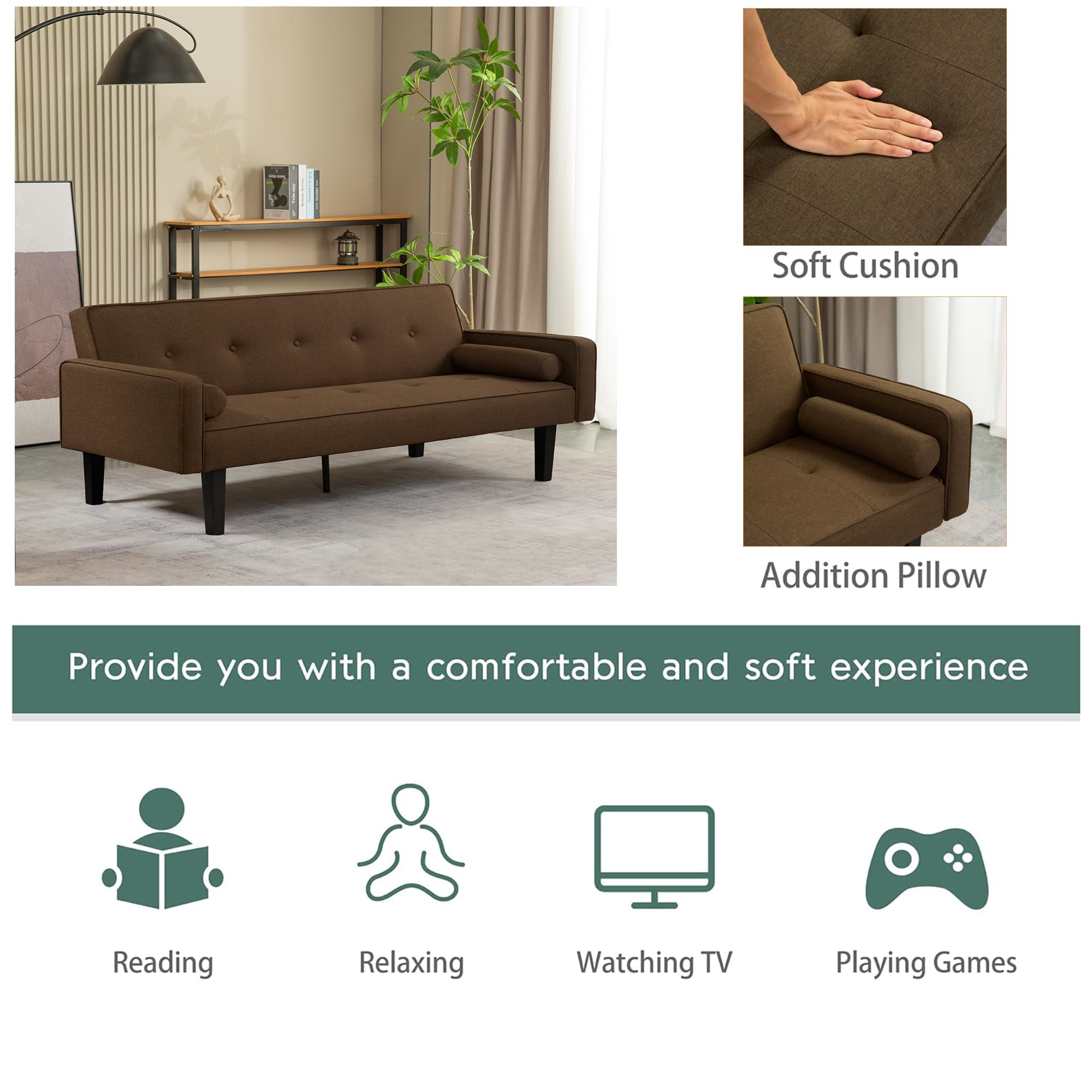 Convertible Folding Sofa Bed Futon,Mid-Century Velvet Fabric Love Seat Sofa Furniture,Upholstered Sleeper Couch with 2 Pillows&Wood Legs for Small Space Living Room Apartment Office (Brown-)