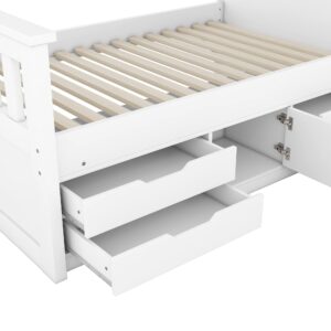 Merax Twin Size Bed Frames with Bookcase Headboard,Kids Wooden Platform Bed with 4 Drawers,White Captain Platform Bed with Storage Underneath