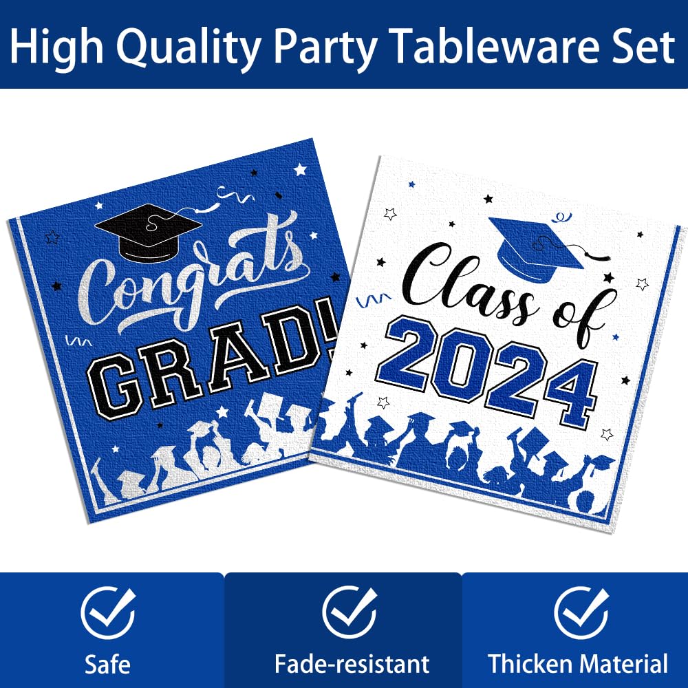 Graduation Plates and Napkins 2024 Graduation Decorations Class of 2024 Blue Silver Graduation Party Supplies Cups Tablecloth Banner Dineware for Congrats Grad Party Decorations Serve 25