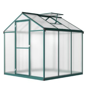 6x6 ft greenhouse for outdoors, polycarbonate greenhouse with quick setup structure and roof vent, aluminum large walk-in greenhouse for outside garden backyard, green