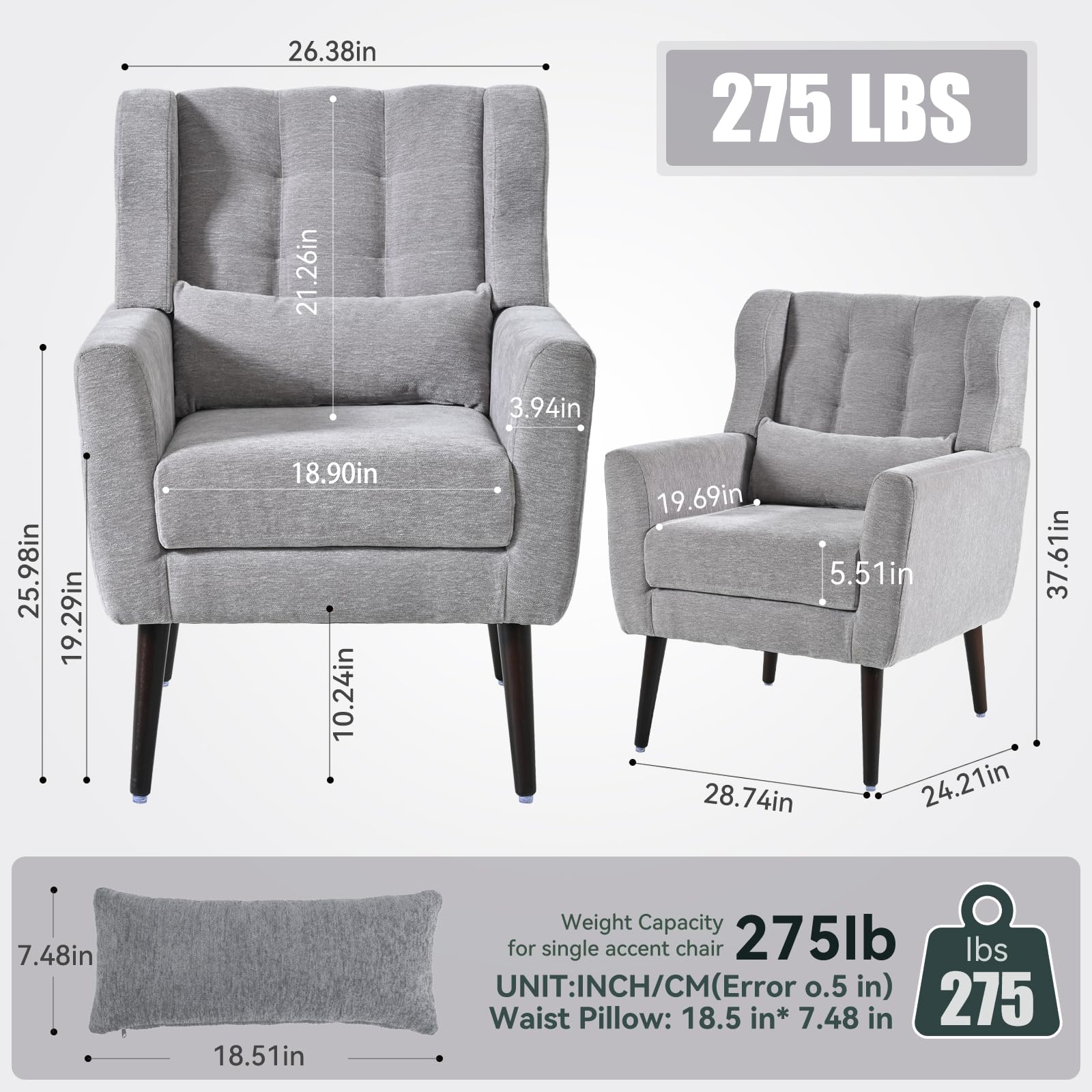 QKFF Accent Chair Set of 2, Upholstered Armchair with Pillow, Fabric Single Sofa Chair with Lounge Seat and Wood Legs Accent Chair for Living Room Small Spaces (Grey, Set of 2)