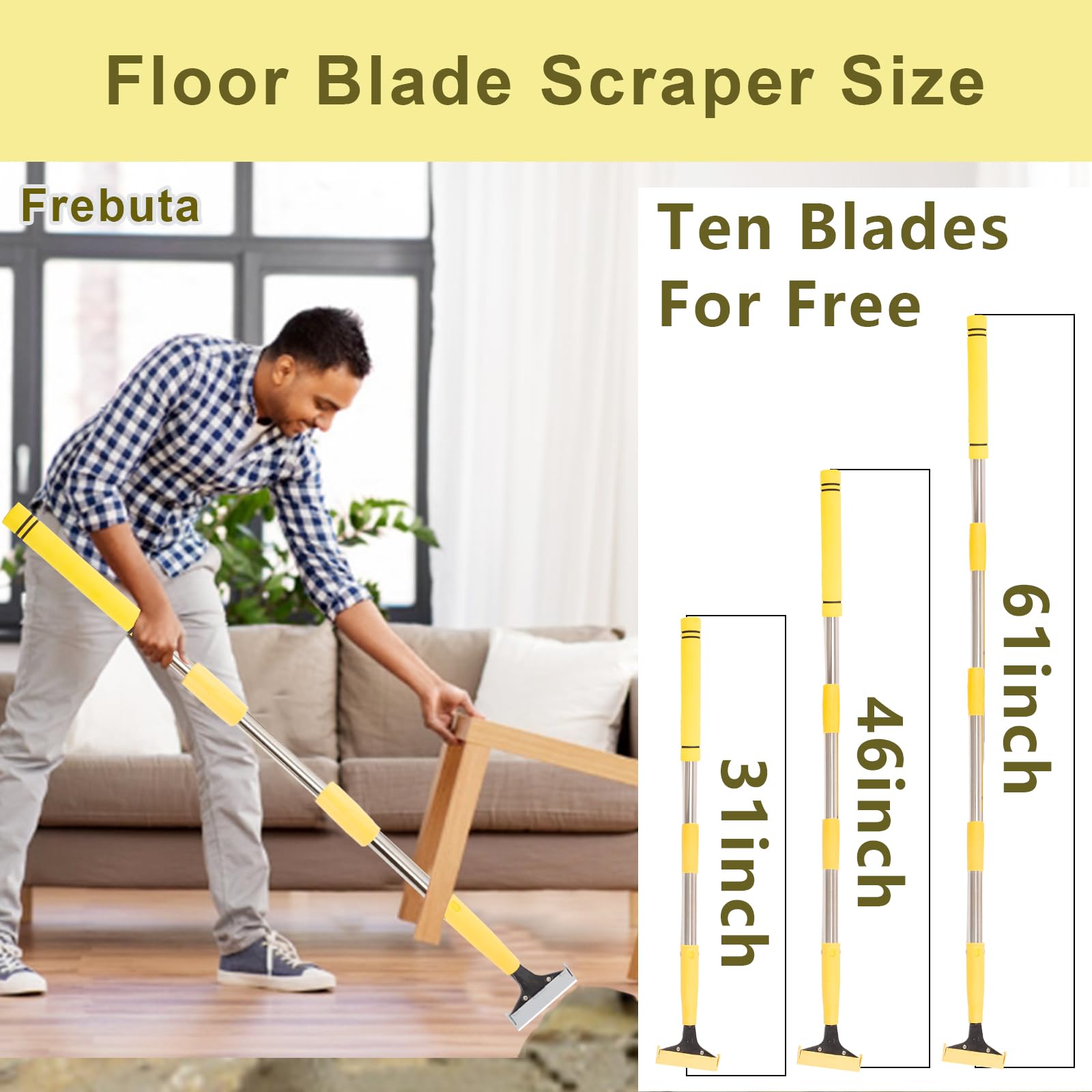 Frebuta Floor Scraper Long Handle Heavy Duty, 31 to 62In Tile Joint Scraper with 4 in 10PCS Extra Metal Blades Stainless Steels Razor Scraper Kit Cleaning Stove Top Windows Glass Tiles Wall Labels