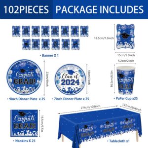 Graduation Plates and Napkins 2024 Graduation Decorations Class of 2024 Blue Silver Graduation Party Supplies Cups Tablecloth Banner Dineware for Congrats Grad Party Decorations Serve 25