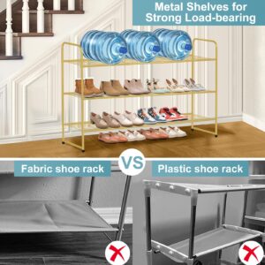 AOODA Long 3 Tier Metal Shoe Rack for Closet Wide Stackable Shoe Storage Organizer for Entryway, Bedroom, Floor, 24-Pairs Men Sneakers Shoe Shelf with Wire Grid, Golden