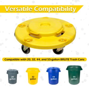 MaxWorks 50933 Round Trash Can High Visibility Yellow Dolly with 5 Swivel Casters 18 inch Dolly for 20 32 44 55 Gallon Containers Twist ON & Off