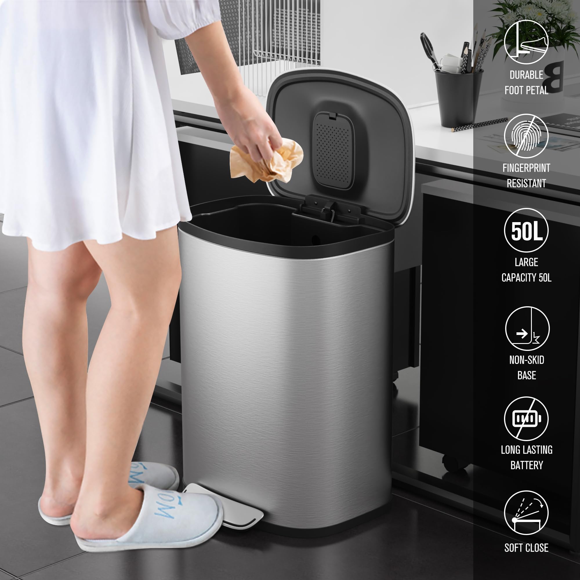 Ufurpie 13 Gallon/50L Trash Can with Foot Pedal, Stainless Steel Garbage Can with Soft-Close Lid, Garbage Bin Exquisite Oval Shape Cover Hands-Free for Kitchen, Bathroom, Office