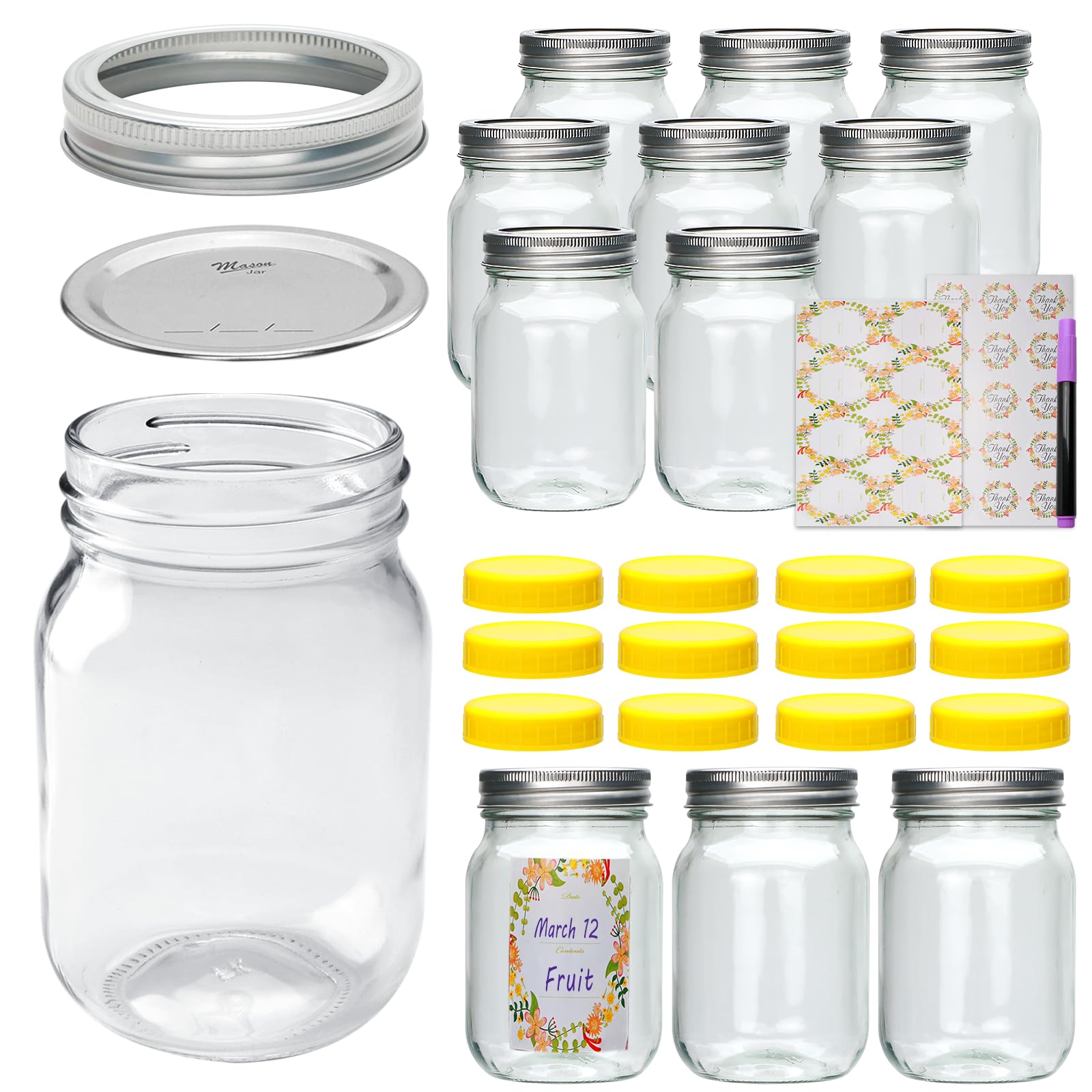 Accguan Mason Jars 16 oz with Lids,Glass Jar with Regular Lids and Bands Ideal for Jam,Honey,Shower/Wedding Favors, Clear, 12 Pack,Two Types of Lids