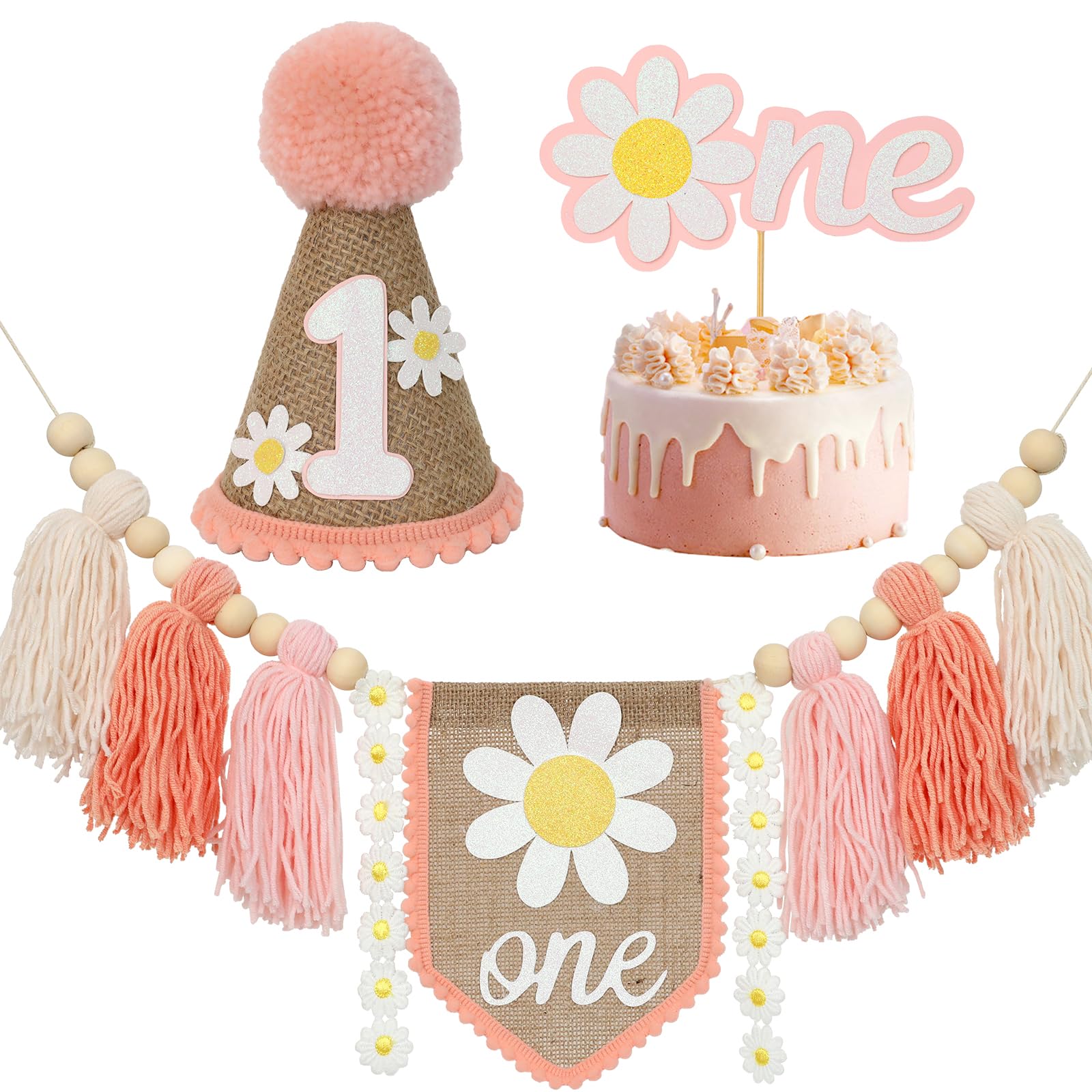 Handmade Boho 1st Birthday High Chair Banner Boho 1st Birthday Hat Decorations Party For Girl Baby Shower Wall Hangings Decorative For Kids Bedroom Daisy Birthday Hat