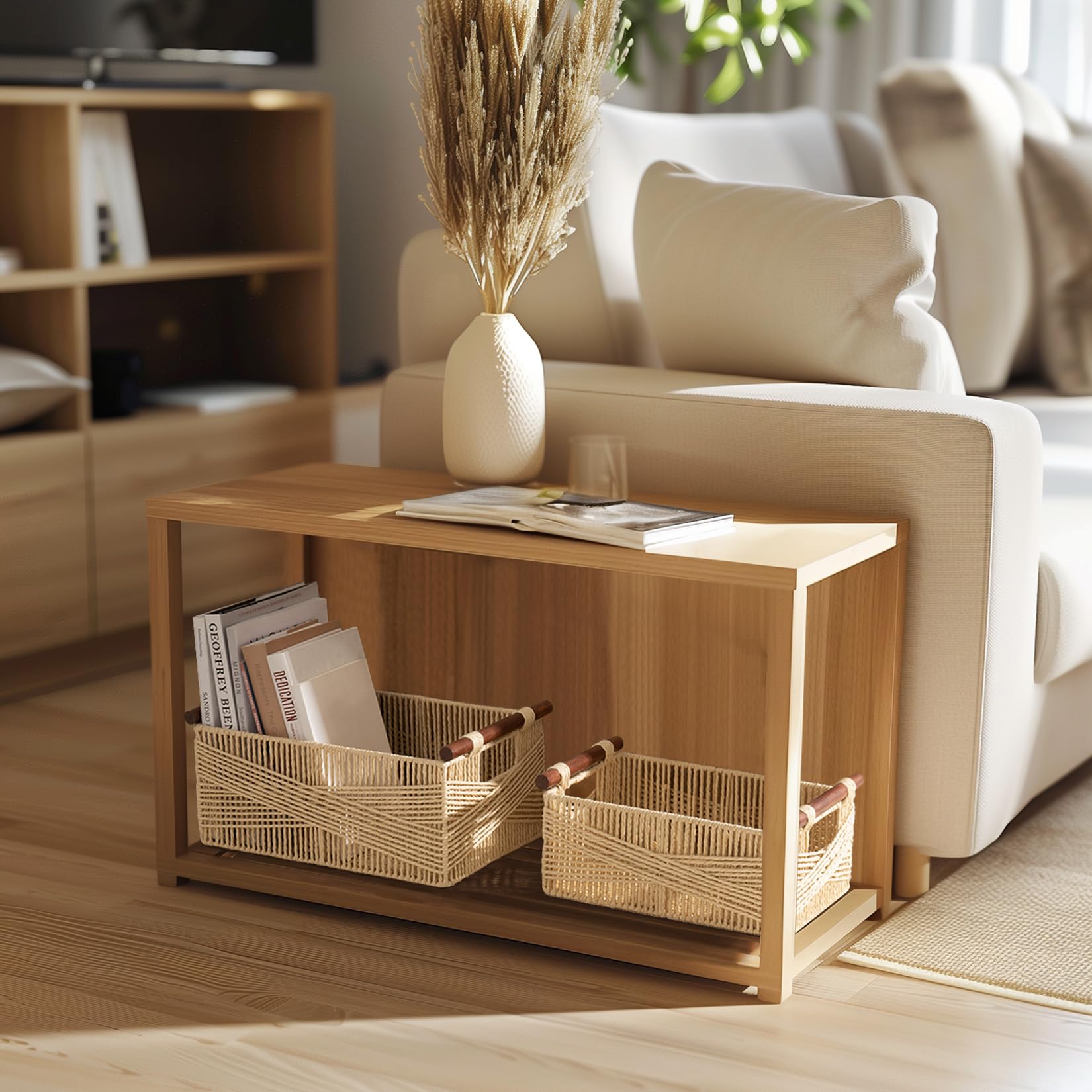 La Jolie Maison Beige Wicker Storage Baskets for Organizing, Recyclable Paper Rope Rectangular Baskets with Wood Handles, Decorative Hand Woven Basket Bins for Shelves, Set of 2