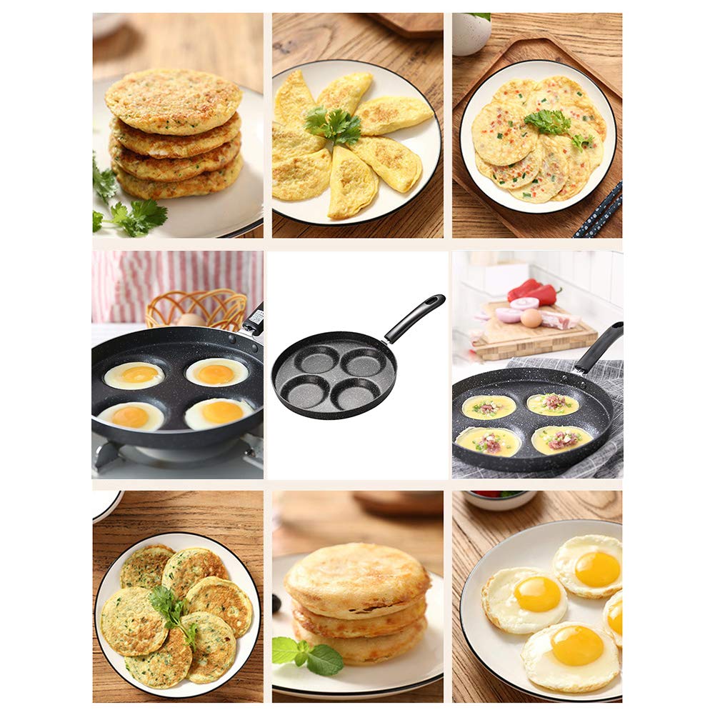 Unoschrim 4-Cup Egg Frying Pan, Nonstick Frying Pan, Aluminium 9.5-Inch Egg Frying Pan, Multifunctional Breakfast Frying Pan for Egg, Bacon, Pancake or Burger, Gas Stoves Compatible, Black