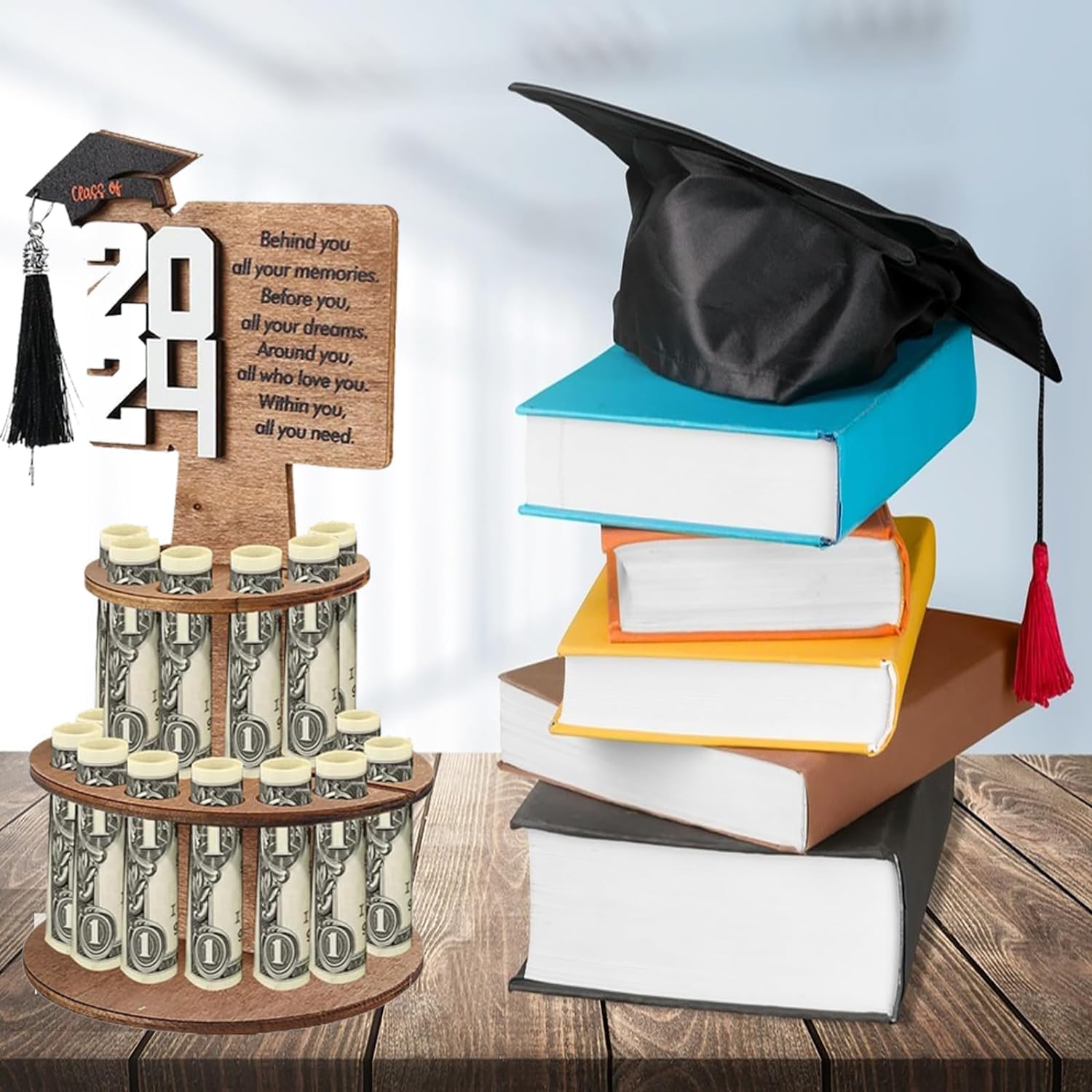 2024 Graduation Gift Money Holder - Class of 2024 Graduation Gifts for Him Her, Graduation Money Cake Stand 2024 Double-Layer Graduation Cash Holder with 25 Holes(WHITE)