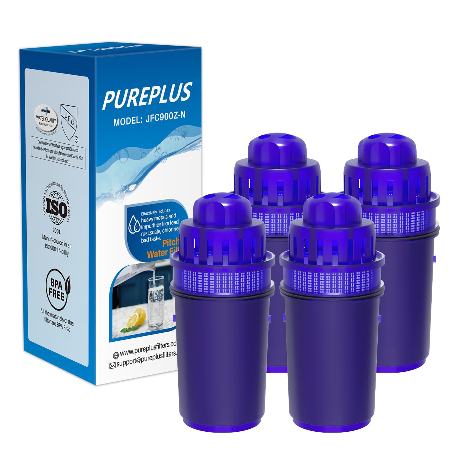 PUREPLUS JFC900Z Pitcher Water Filter Replacement for Pur PPF900Z, PPF951K, PPT700W, CR-1100C, DS-1800Z, CR-6000C, PPT711W, PPT711, PPT710W, PPT111W, PPT111R Pitchers and Dispensers, 4PACK