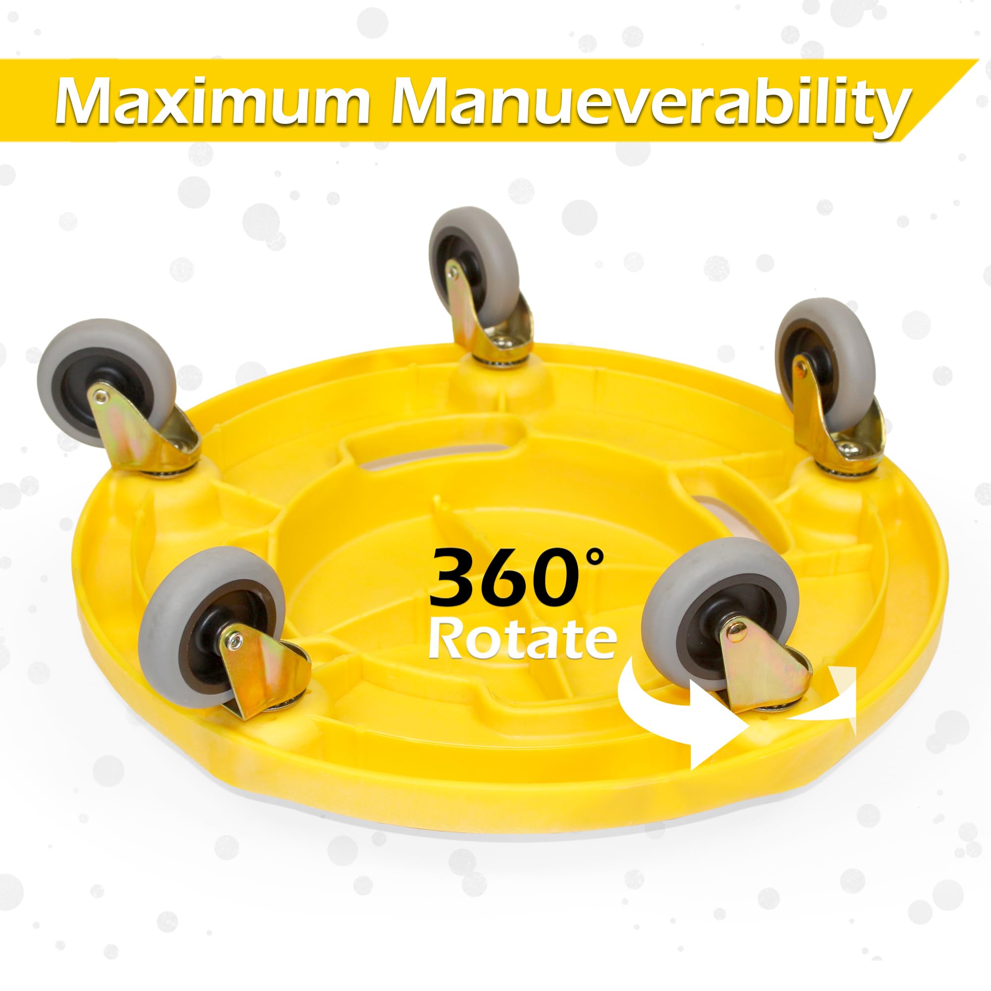 MaxWorks 50933 Round Trash Can High Visibility Yellow Dolly with 5 Swivel Casters 18 inch Dolly for 20 32 44 55 Gallon Containers Twist ON & Off