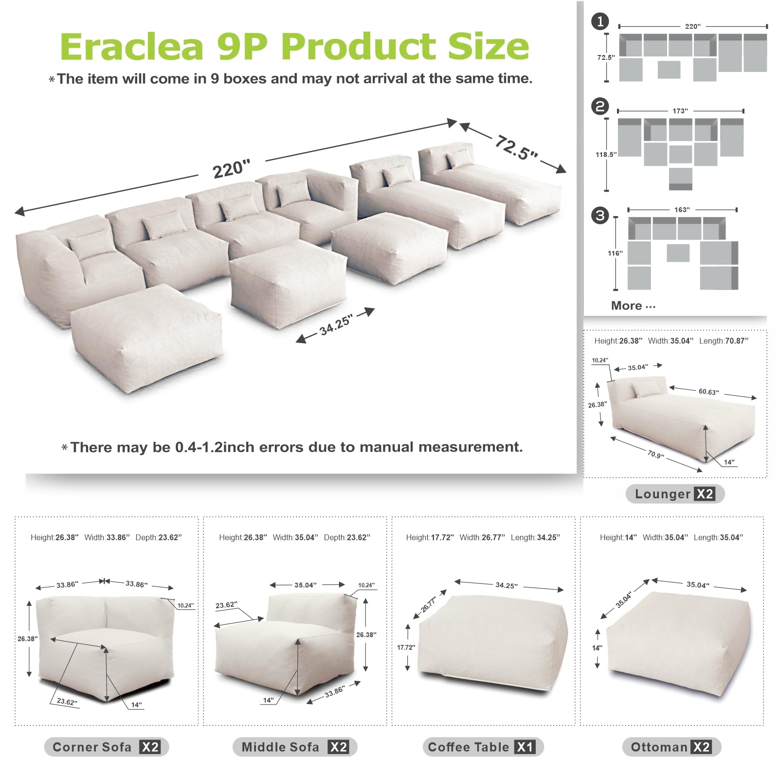 ANNYH Patio Modern ERACLEA(9P) Outdoor Furniture Sectional Conversation Set - Combines 2Lounger 2Middle 2Corner 3Ottoman/Coffee Exp Foam Filled Chairs.A Unique Modular Contemporary Sofa (Sand Beige)