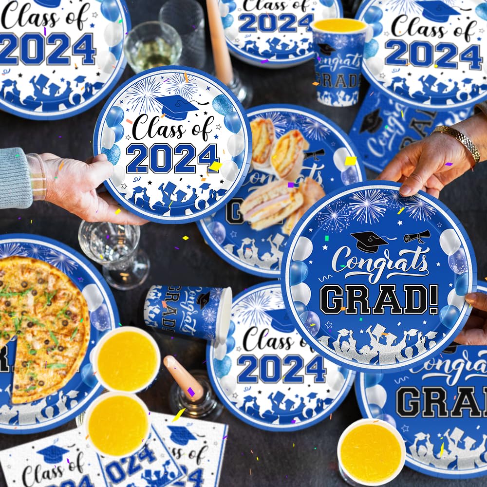 Graduation Plates and Napkins 2024 Graduation Decorations Class of 2024 Blue Silver Graduation Party Supplies Cups Tablecloth Banner Dineware for Congrats Grad Party Decorations Serve 25