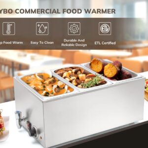 SYBO Commercial Grade Stainless Steel Bain Marie Buffet Food Warmer Steam Table for Catering and Restaurants, Good for Parties Buffet Servers and Warmers, 3 Sections with Tap, Sliver