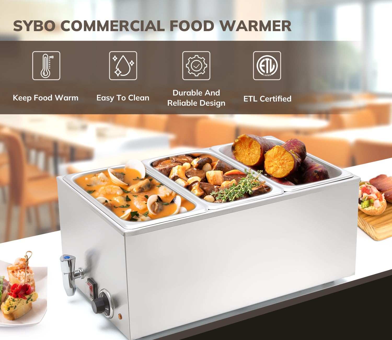 SYBO Commercial Grade Stainless Steel Bain Marie Buffet Food Warmer Steam Table for Catering and Restaurants, Good for Parties Buffet Servers and Warmers, 3 Sections with Tap, Sliver