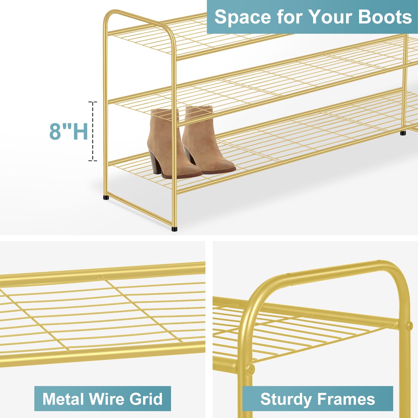 AOODA Long 3 Tier Metal Shoe Rack for Closet Wide Stackable Shoe Storage Organizer for Entryway, Bedroom, Floor, 24-Pairs Men Sneakers Shoe Shelf with Wire Grid, Golden