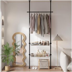 dyn ptah floor to ceiling adjustble garment rack, free standing tension rod clothes rack with 2 storage baskets, heavy duty clothing hanger black