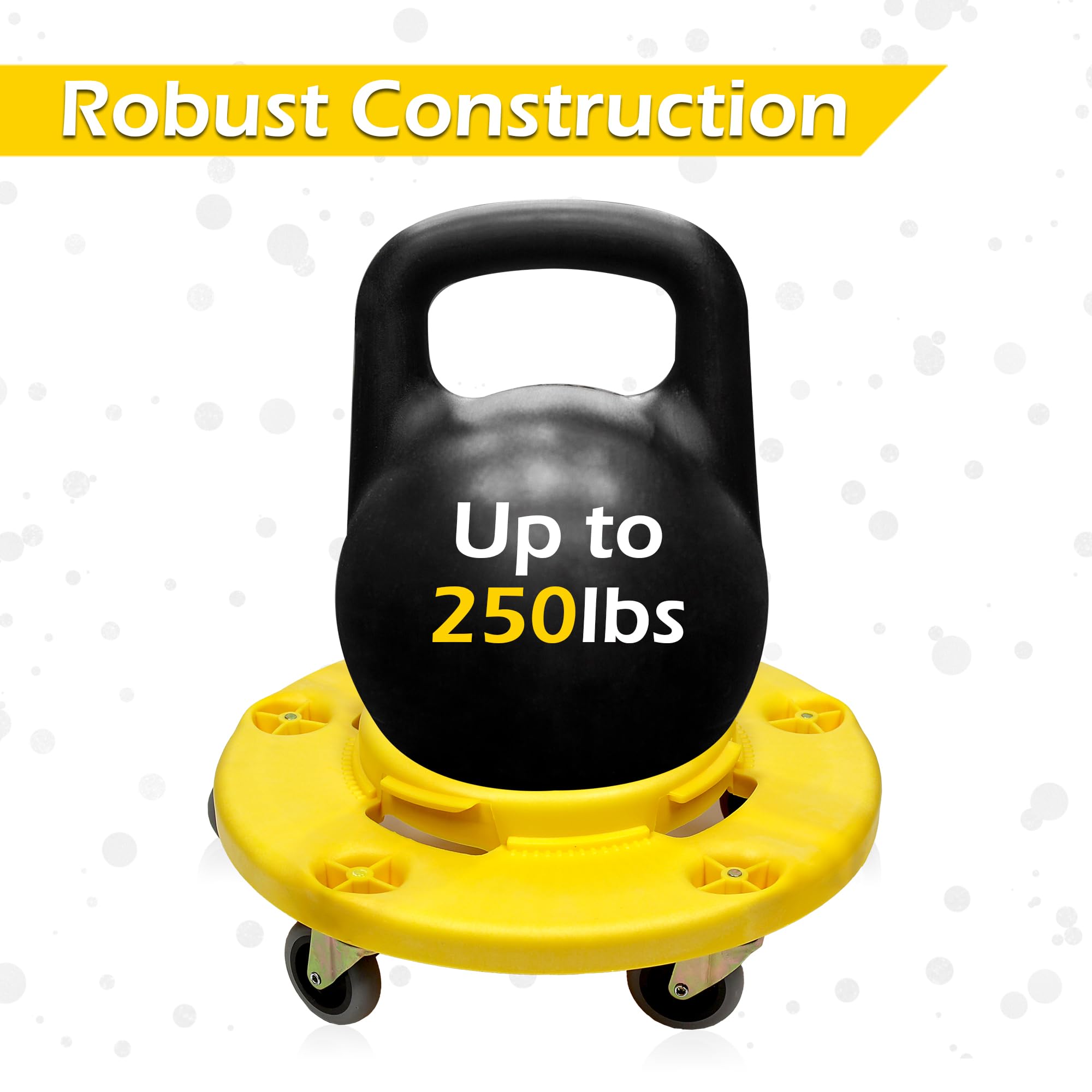 MaxWorks 50933 Round Trash Can High Visibility Yellow Dolly with 5 Swivel Casters 18 inch Dolly for 20 32 44 55 Gallon Containers Twist ON & Off