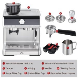 Coffee Machine 20 Bar Pressure, Stainless Steel Espresso Maker Cappuccino, And Macchiato With Milk Frother 2.8l Water Tank, Commercial Espresso Machine Barista Kit, For Latte