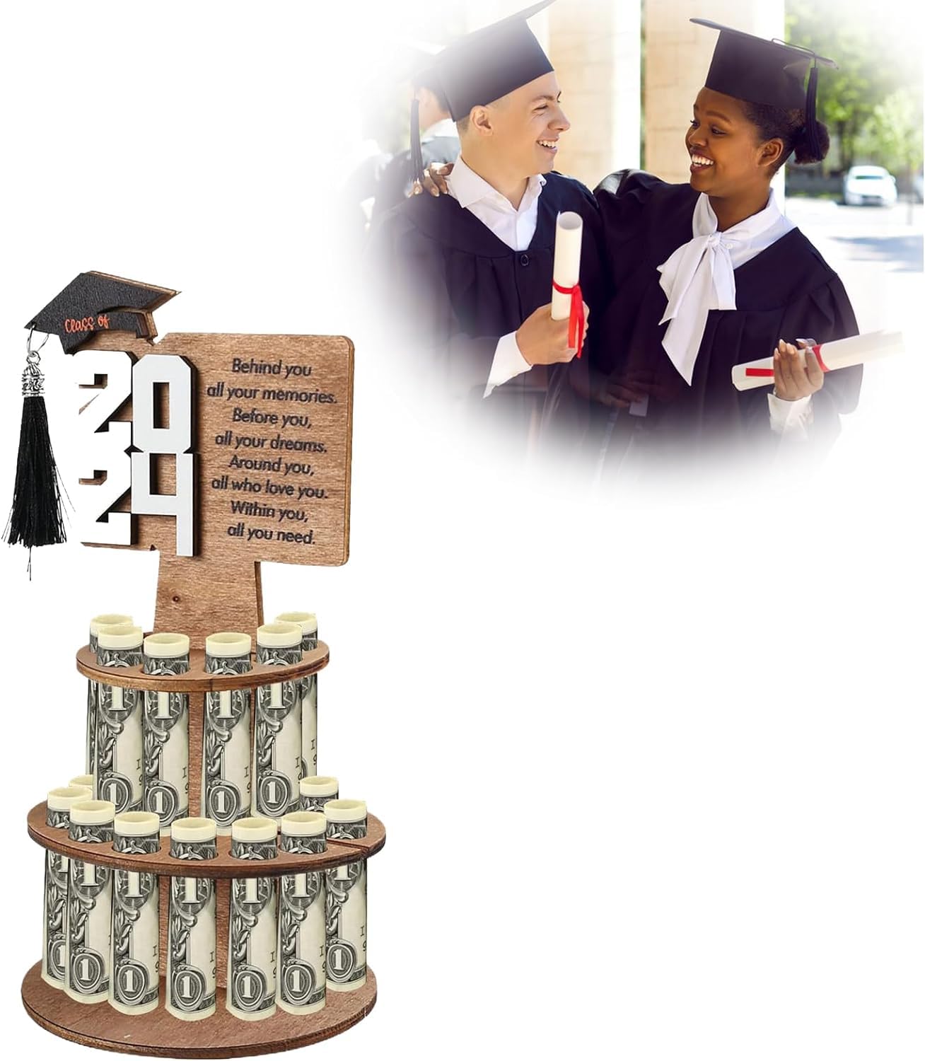 2024 Graduation Gift Money Holder - Class of 2024 Graduation Gifts for Him Her, Graduation Money Cake Stand 2024 Double-Layer Graduation Cash Holder with 25 Holes(WHITE)