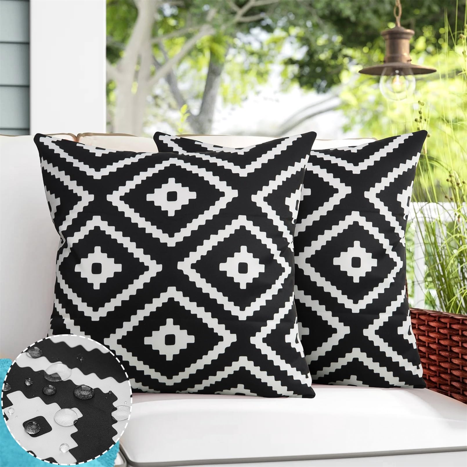 Adabana Outdoor Waterproof Boho Pillow Covers 18x18 Decorative Black and White Outdoor Throw Pillows Cover for Patio Furniture Garden Porch Pack of 2