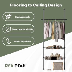 DYN Ptah Floor to Ceiling Adjustble Garment Rack, Free Standing Tension Rod Clothes Rack with 2 Storage Baskets, Heavy Duty Clothing Hanger Black