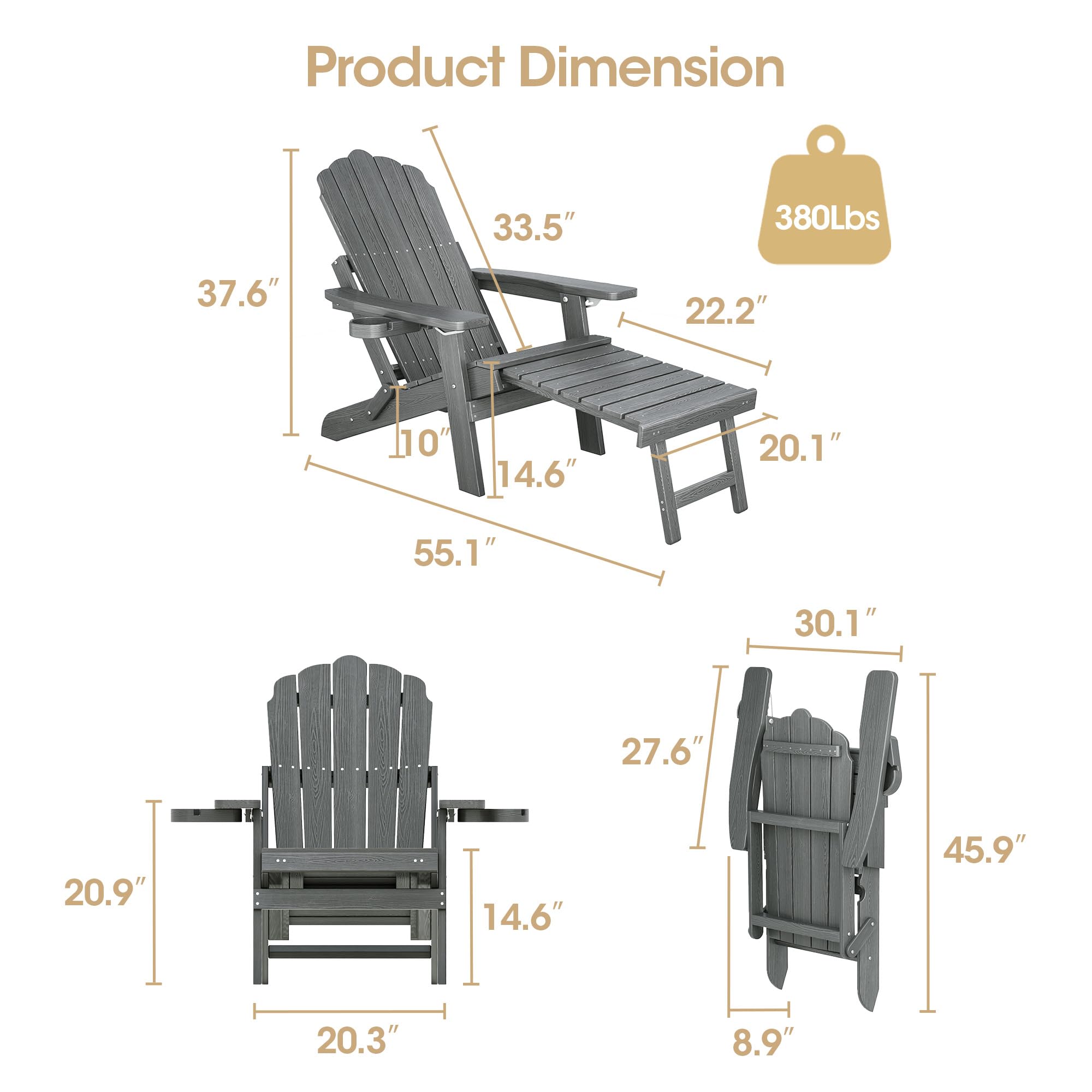 Qsun Adjustable Backrest Folding Adirondack Chair with Ottoman & 2 Cup Holders, HIPS Weather Resistant Adirondack Chair, Outdoor Fire Pit Chair for Beach, Pool, Deck, Porch, Yard, Lawn, Grey