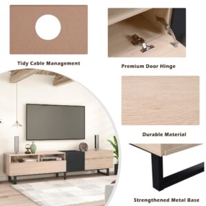 LostCat 71 Inch TV Stand with Double Storage Space for TVs up to 80'', Modern TV Console with Drop Down Door, Entertainment Center for Living Room, Bedroom and Home Theatre, Natural Wood+Black