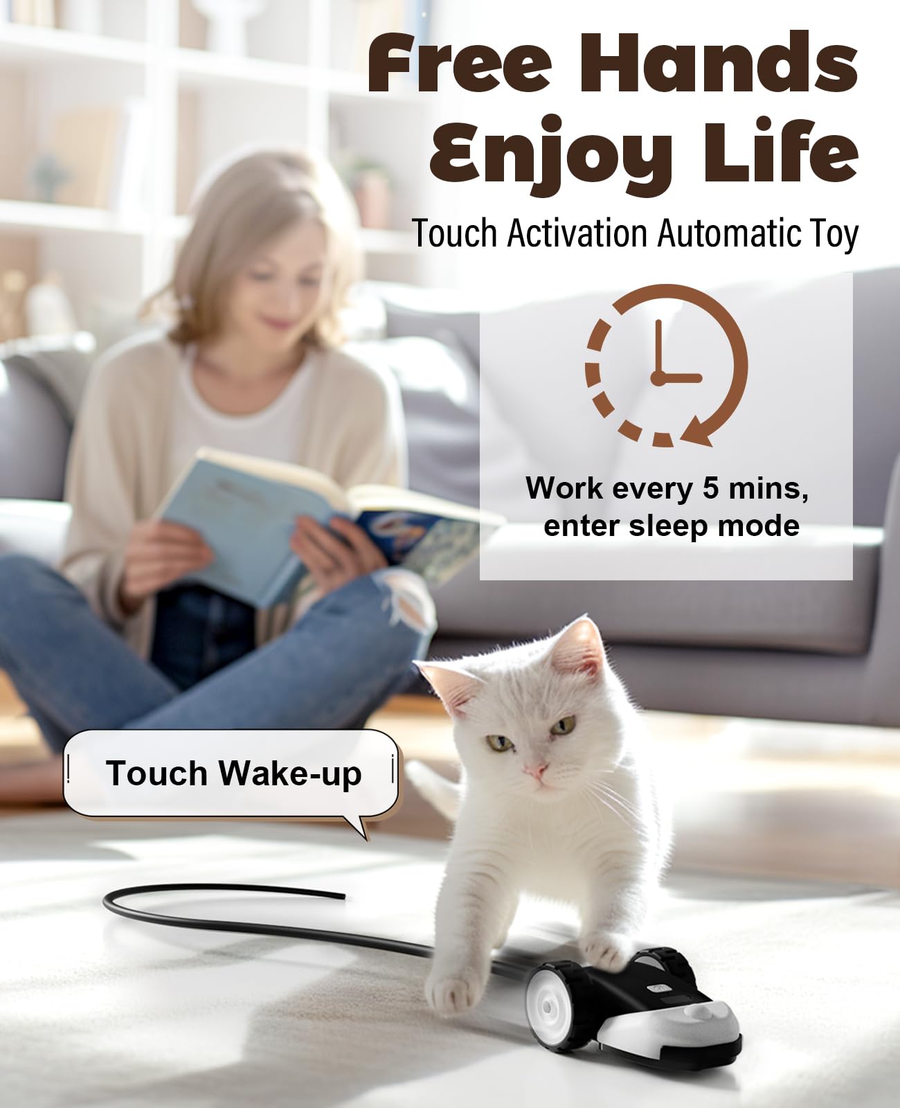 CYROS 3-in-1 Interactive Cat Toy - 2-Speed Automatic Moving Mouse Cat Toys Self Play with 2pcs Hanging Feather String Ribbon and Wiggly Silicone Mice Tail for Bored Indoor Adult Cats Kittens