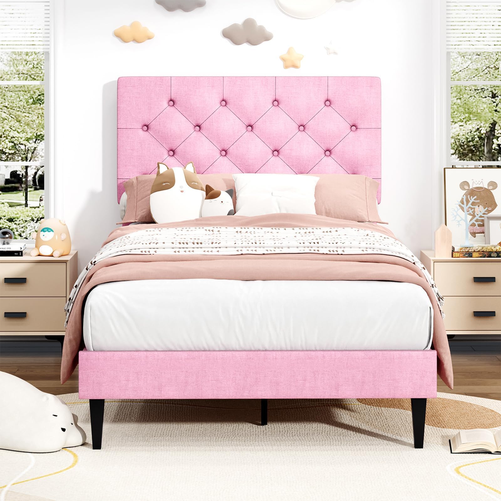 Twin Bed Frames with Button Tufted Headboard, Linen Upholstered Platform Bed with Wooden Slats Support, Princess Bed Frame for Girls, Easy Assembly, No Box Spring Required, Pink