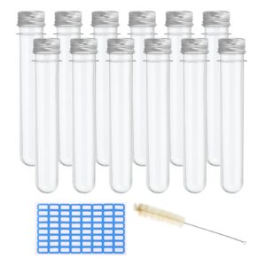 patikil 50ml test tubes set, 24pcs 5.5x1" plastic clear round bottom test tube containers with labels for bead party candy bath salt storage plant propagation, silver cap