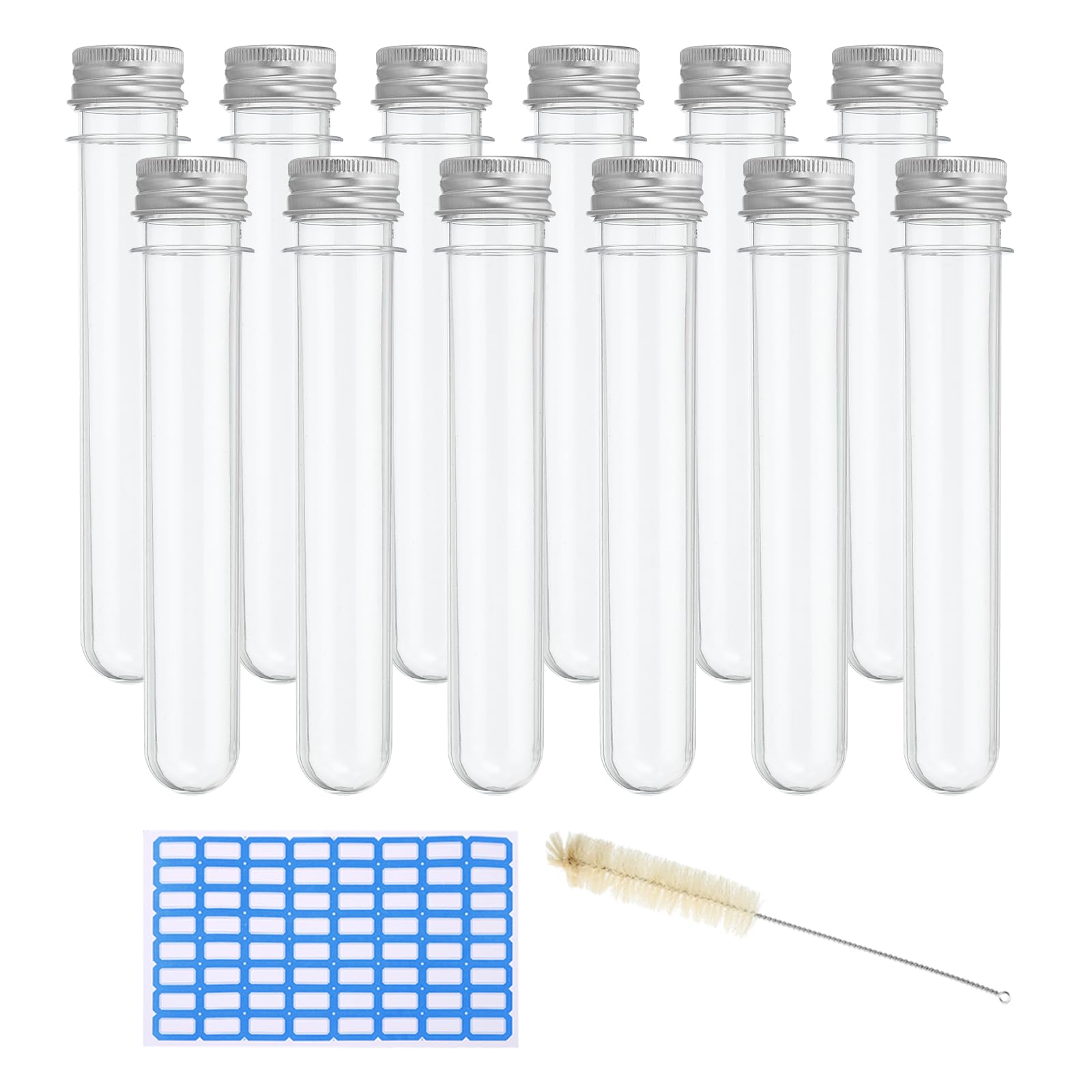 PATIKIL 50ml Test Tubes Set, 24pcs 5.5x1" Plastic Clear Round Bottom Test Tube Containers with Labels for Bead Party Candy Bath Salt Storage Plant Propagation, Silver Cap