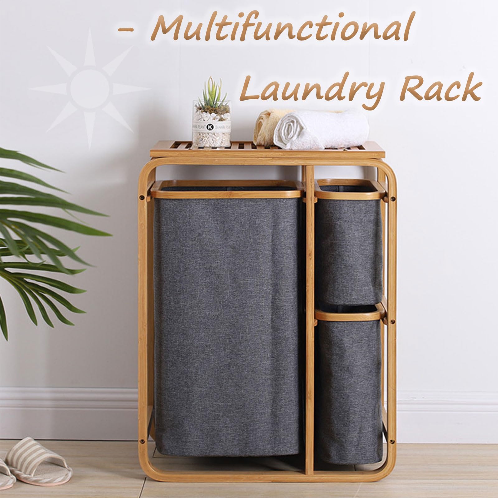 Dxcaicc Laundry Hamper with Wood Shelf,Laundry Hamper Sorter with 3 Removable & Pull-Out Sorting Bags,Clothes Hamper with Divided Bag for Laundry Room,Bathroom, Bedroom, Dorm,Grey