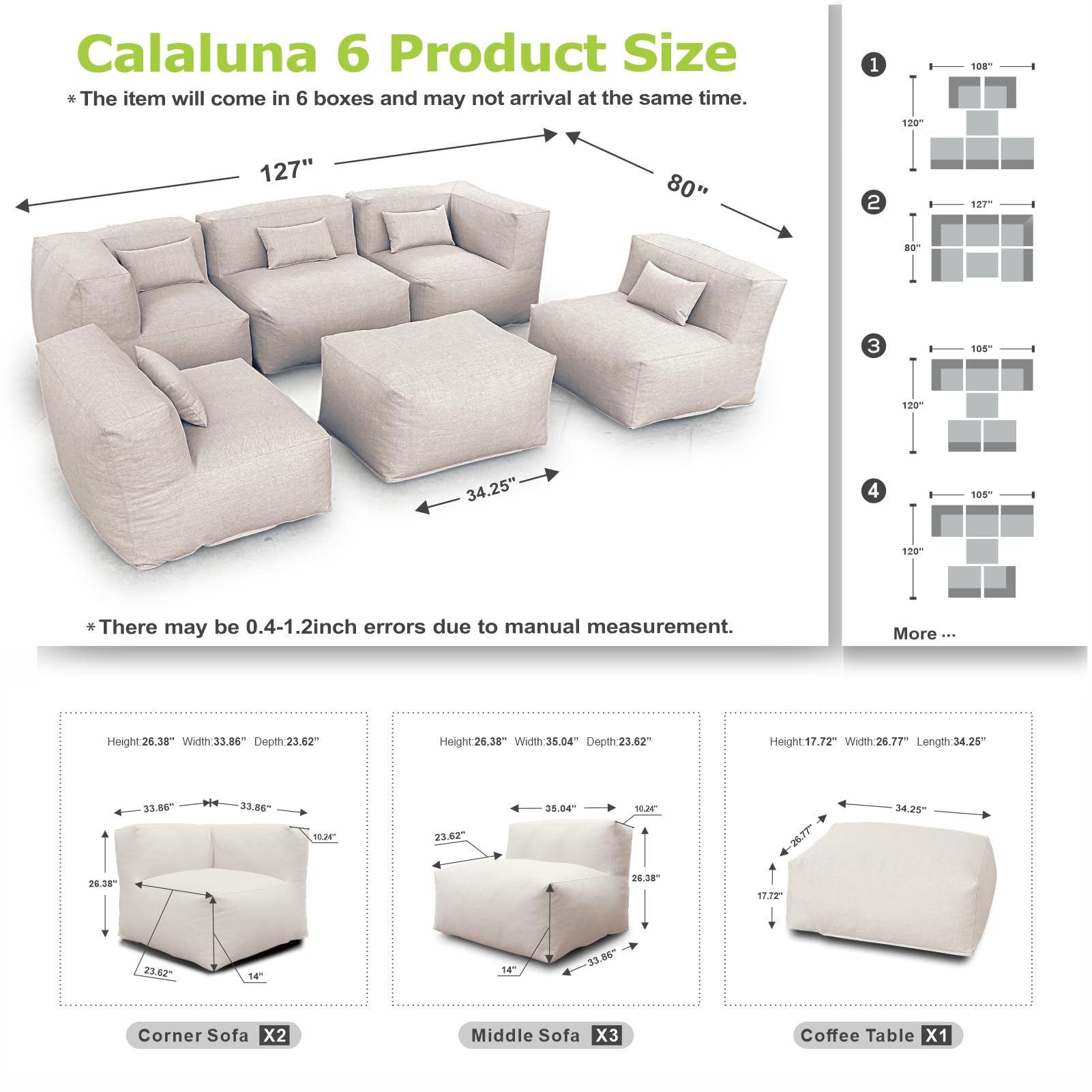 ANNYH CALALUNA 6Pc PATIO Furniture Sectional Conversation Set. Combines 3Middle, 2Corner, 1Ottoman/Coffee OUTDOOR Exp Foam Filled CHAIRS. A UNIQUE Modular Contemporary Sofa Could Gray (Sand Beige)