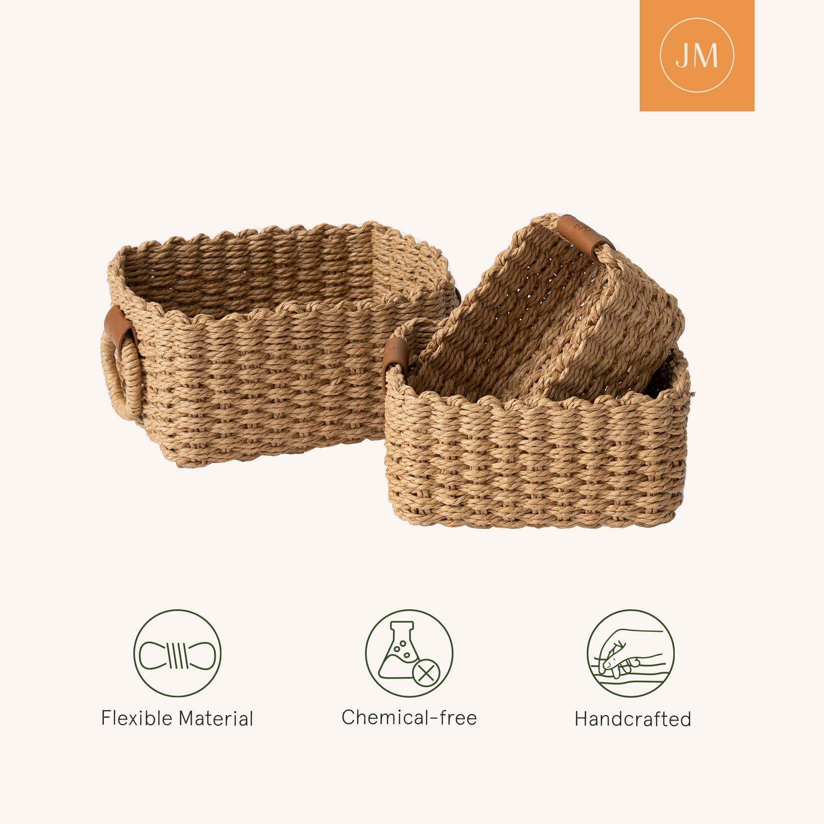 La Jolie Maison Small Sand Wicker Baskets Set of 3, Paper Rope Storage Baskets with Handle, Small Woven Baskets for Organizing, Decorative Cute Baskets for Gifts