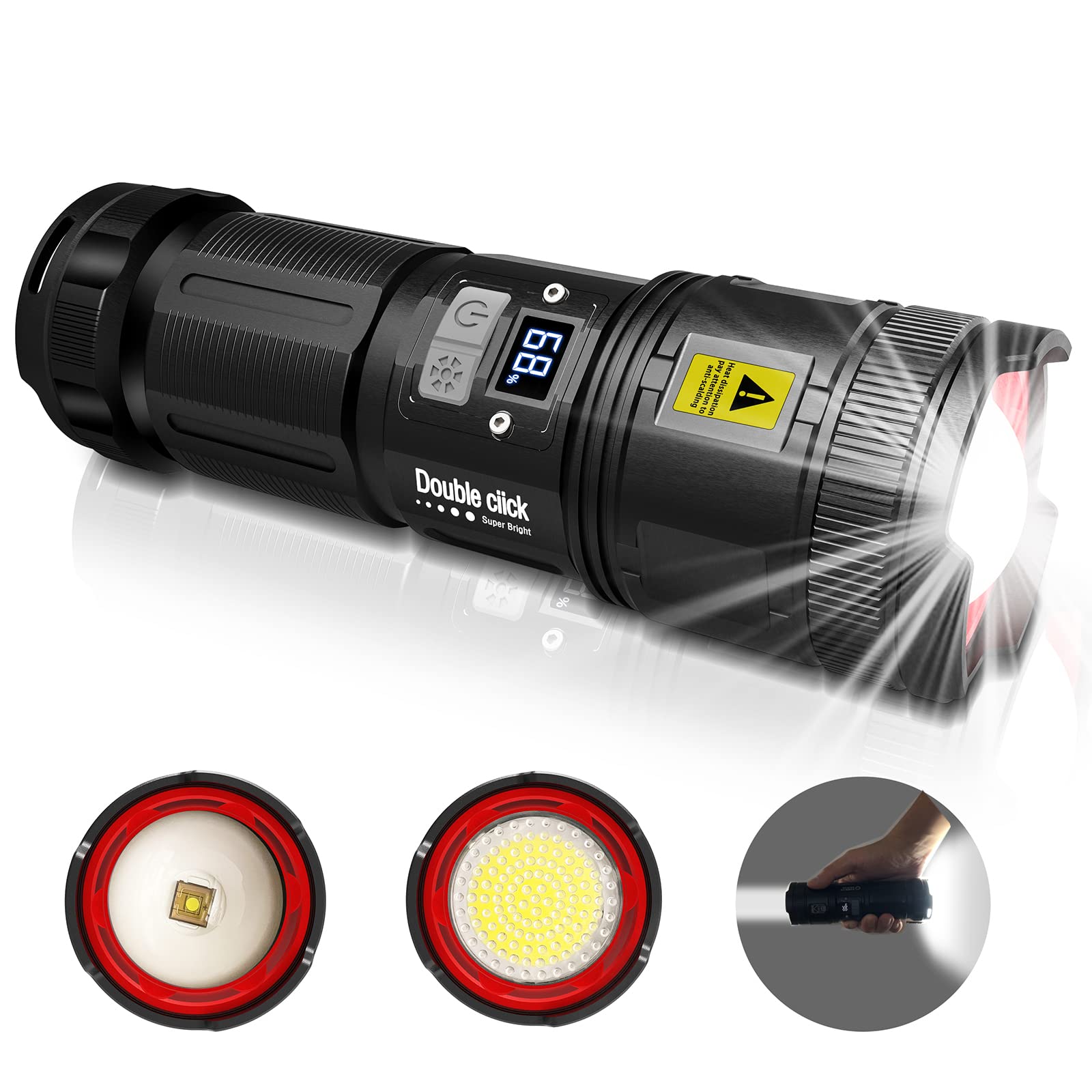 MAXME100® Dual Head Long Throw Flashlight, Flashlight High Lumens, Rechargeable, Super Bright, Powerful, Heavy Duty Long Lasting Flashlight for Outdoor Activity & Emergency Use