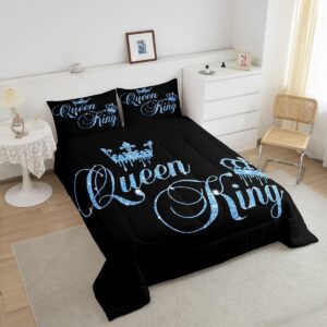 Feelyou Crown Queen and King Couple Comforter Sets His and Hers Bedding Set for Teens Women Men Black Navy Blue Queen Size,Lover Romantic Valentine's Day Decorations Quilt Set All Season(No Glitter)