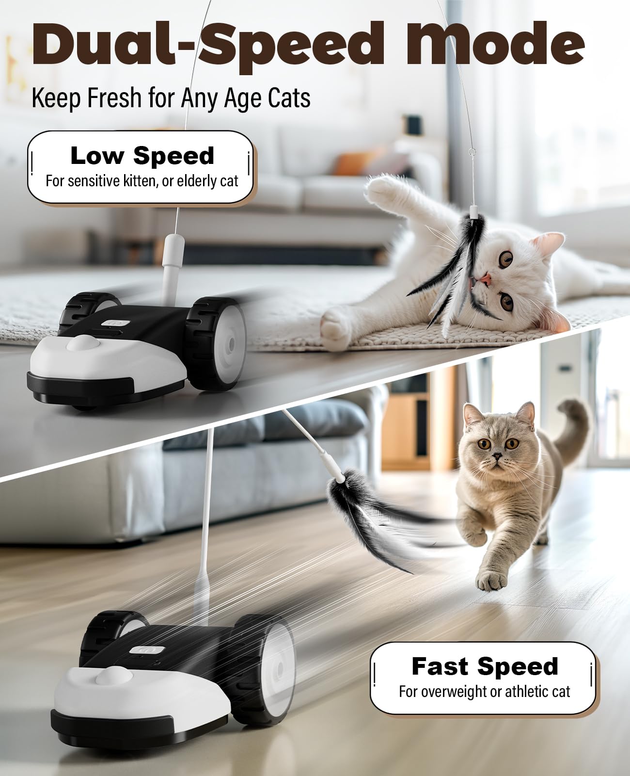 CYROS 3-in-1 Interactive Cat Toy - 2-Speed Automatic Moving Mouse Cat Toys Self Play with 2pcs Hanging Feather String Ribbon and Wiggly Silicone Mice Tail for Bored Indoor Adult Cats Kittens