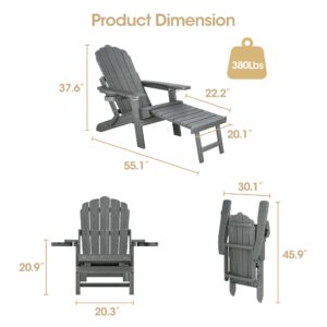 Qsun Adjustable Backrest Folding Adirondack Chair with Ottoman & 2 Cup Holders, HIPS Weather Resistant Adirondack Chair, Outdoor Fire Pit Chair for Beach, Pool, Deck, Porch, Yard, Lawn, Grey