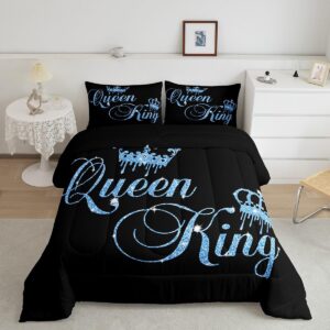 feelyou crown queen and king couple comforter sets his and hers bedding set for teens women men black navy blue queen size,lover romantic valentine's day decorations quilt set all season(no glitter)