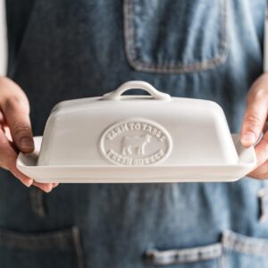 YHOJOY Cow Butter Dish, Ceramic Butter Dish with Lid for Countertop, White Butter Tray with Handle, Farmhouse Covered Butter Holder Container for East West Coast Butter Storage