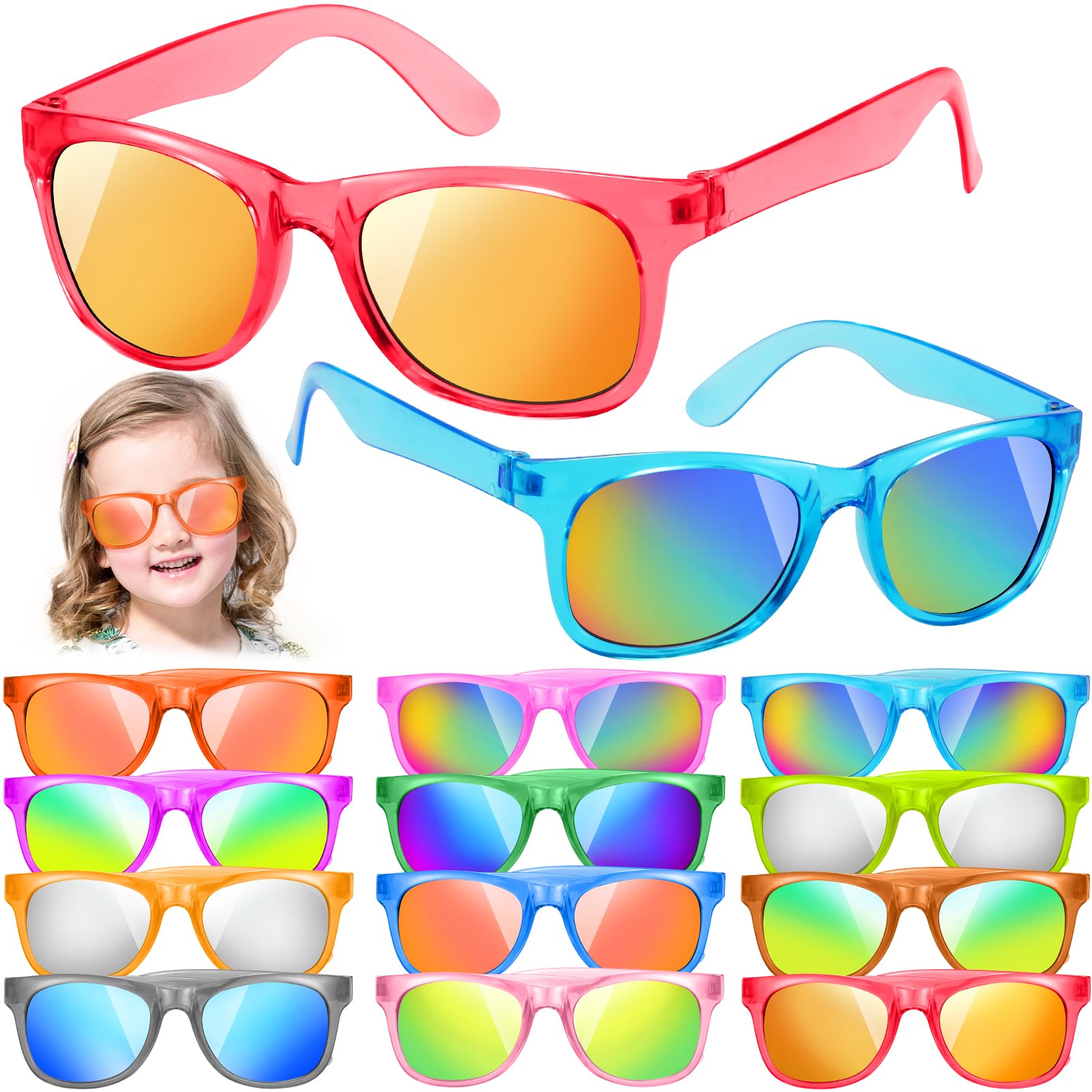 12 Pack Kids Sunglasses Party Favors with UV400 Protection, 12 Colors Neon Sunglasses in Bulk for Boys Girls Birthday, Beach, Graduation, Summer Pool Party Supplies, Goody Bag Stuffers, Classroom Gift