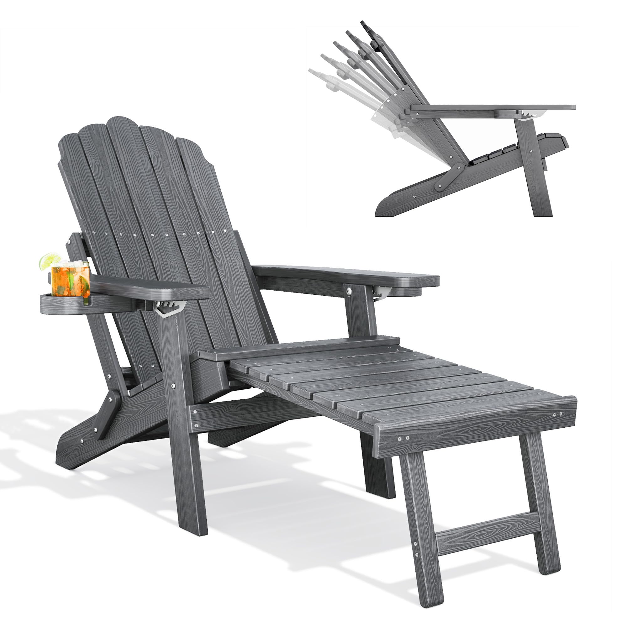 Qsun Adjustable Backrest Folding Adirondack Chair with Ottoman & 2 Cup Holders, HIPS Weather Resistant Adirondack Chair, Outdoor Fire Pit Chair for Beach, Pool, Deck, Porch, Yard, Lawn, Grey